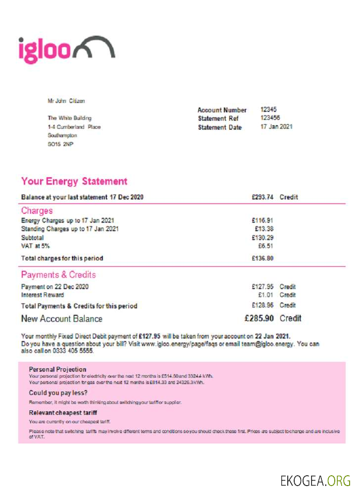 United Kingdom Igloo Energy utility bill template in Word and PDF format